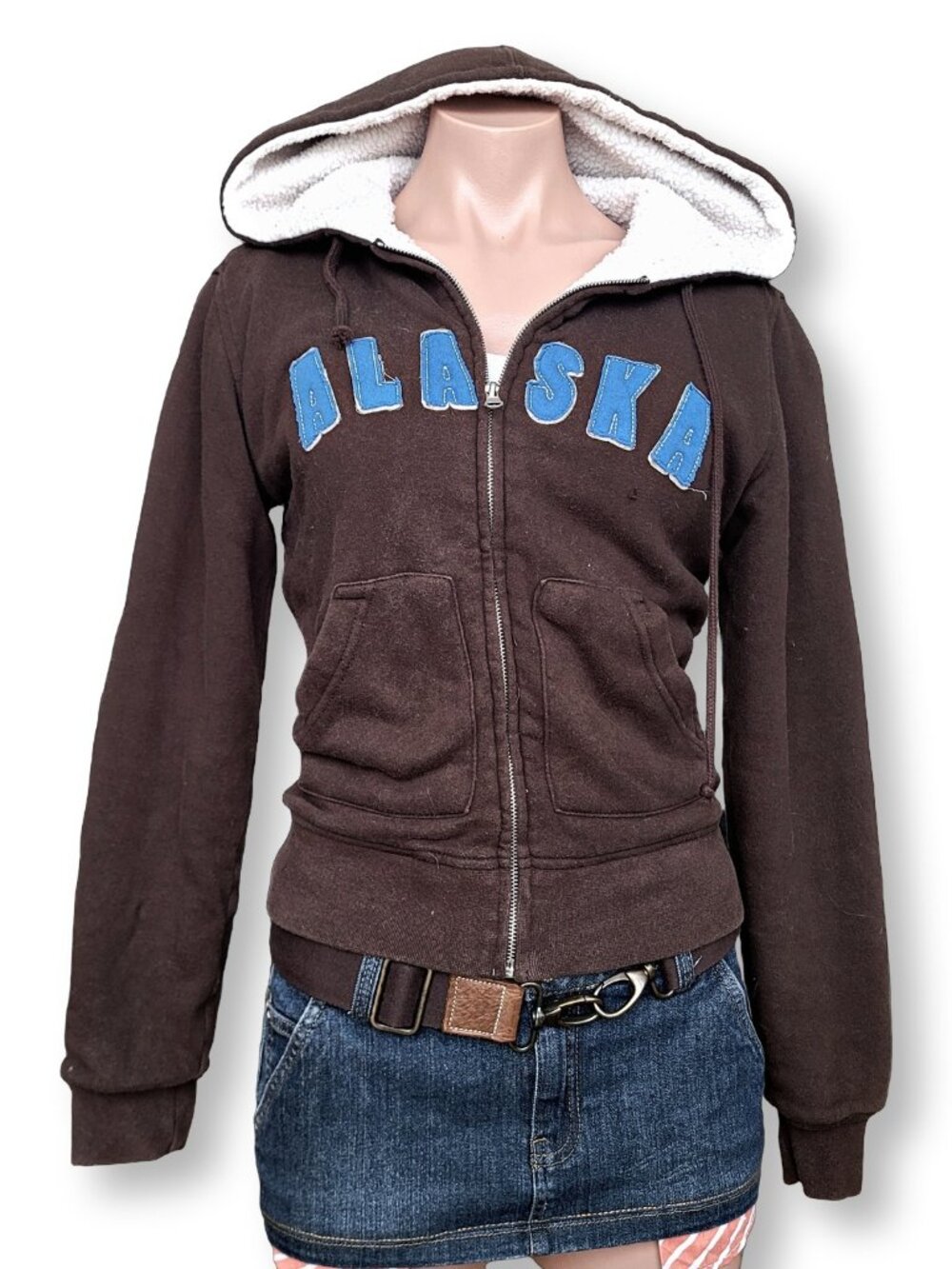 Beimar Brown Alaska Embroidered Sherpa Fleece Zip Up Hoodie (S)